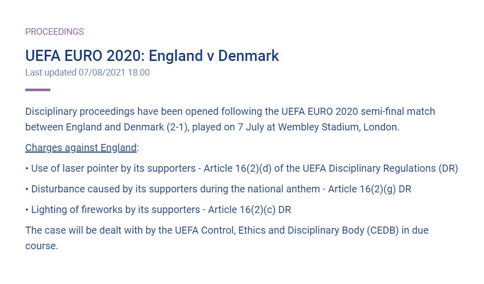 欧足联官方：将对英格兰vs丹麦出现的激光笔事件展开调查