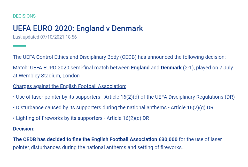 欧足联官方：因球迷使用激光笔等事件，对英足总处以3万欧元罚款