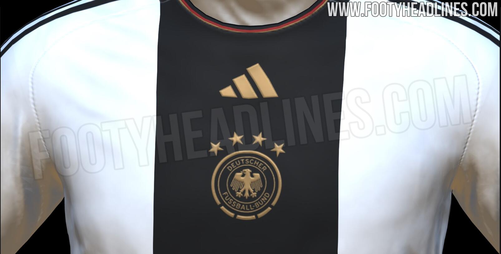 德国世界杯主场球衣谍照：黑白粗条纹，领口、两侧采用黑红金配色