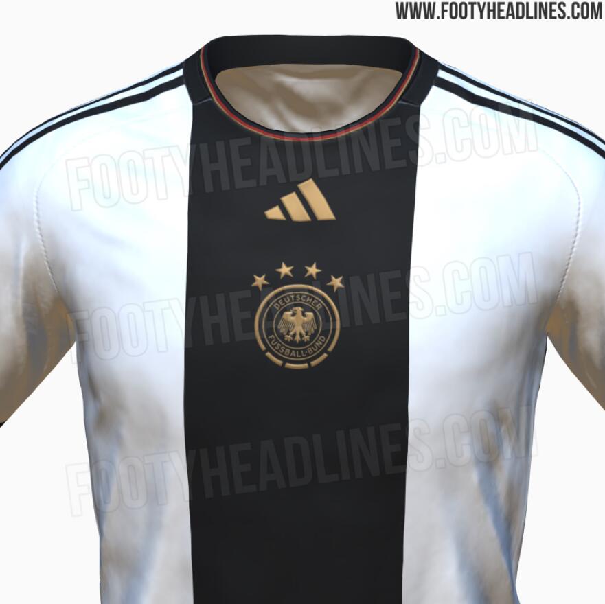 德国世界杯主场球衣谍照：黑白粗条纹，领口、两侧采用黑红金配色