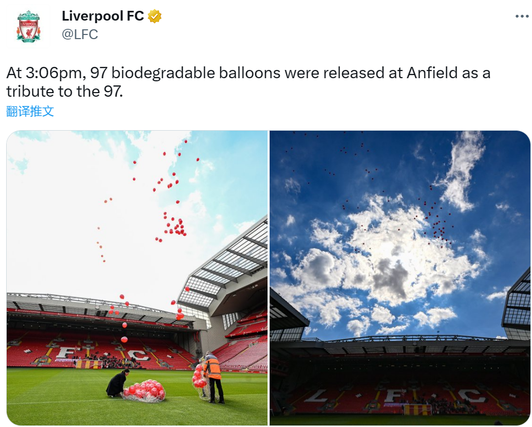 安菲尔德球场今日放飞97个气球，以纪念希尔斯堡惨案逝世球迷