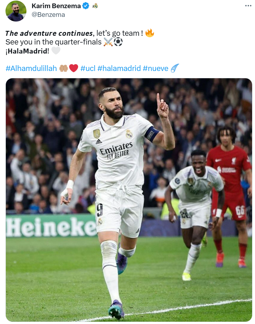 本泽马社媒晒本场庆祝进球照片继续前进我们8强战再见