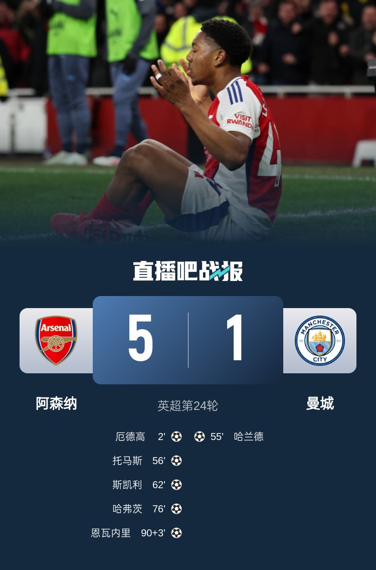 早报：阿森纳5-1血洗曼城；曼联0-2水晶宫3连胜终结