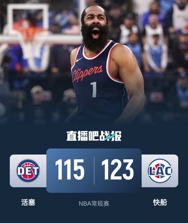 🏀哈登50+5&首节23分 卡鲍缺阵 康宁汉姆35+7+10 快船力克活塞