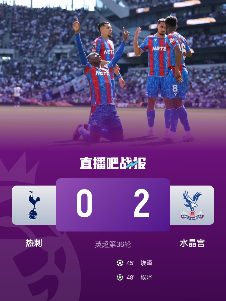 英超-热刺主场0-2不敌水晶宫联赛5轮不胜 埃泽双响库卢伤退