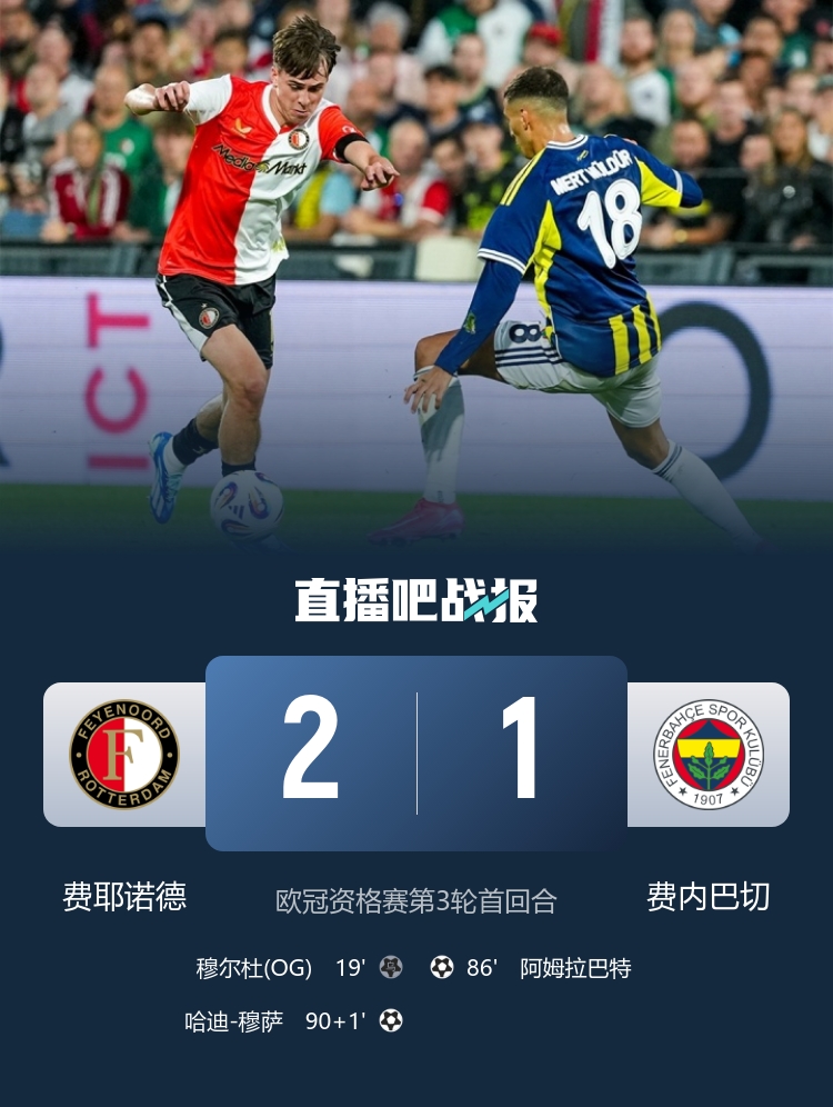 欧冠资格赛首回合费耶诺德2-1费内巴切 廷伯造乌龙穆萨补时绝杀