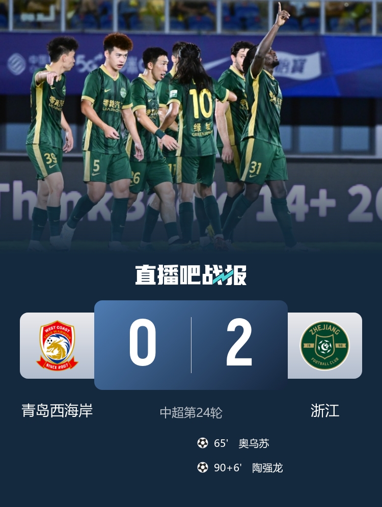 中超-浙江队2-0客胜青岛西海岸 奥乌苏赛季首球米特里策伤退