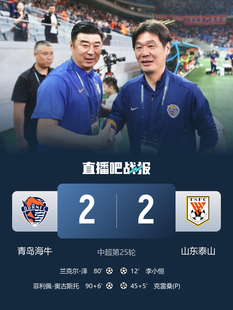 遭读秒绝平！泰山连丢两球2-2海牛 奥古斯托绝平刘军帅争议送点