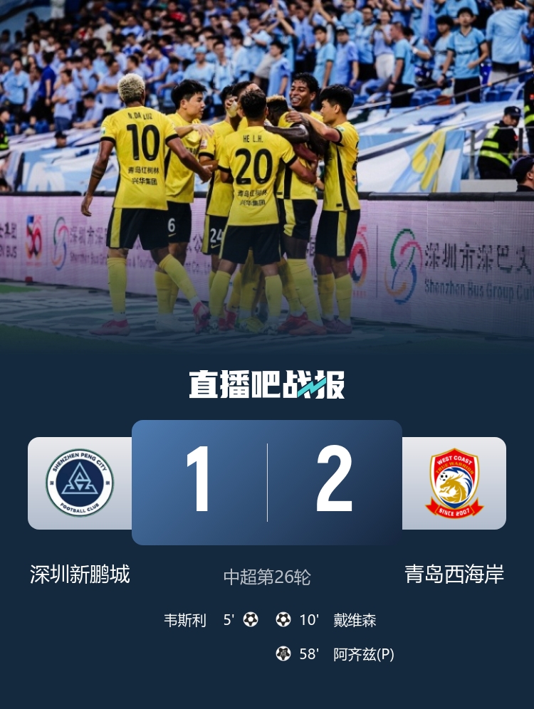 三连败！新鹏城1-2西海岸仍领先降级区2分 阿齐兹传射杨一鸣送点