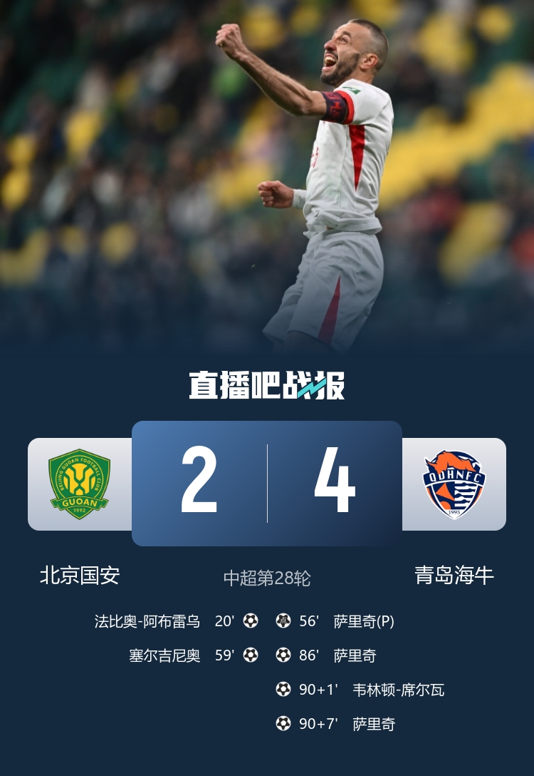 逃离降级区!海牛4-2送国安4场不胜 海牛补时连入两球萨里奇戴帽