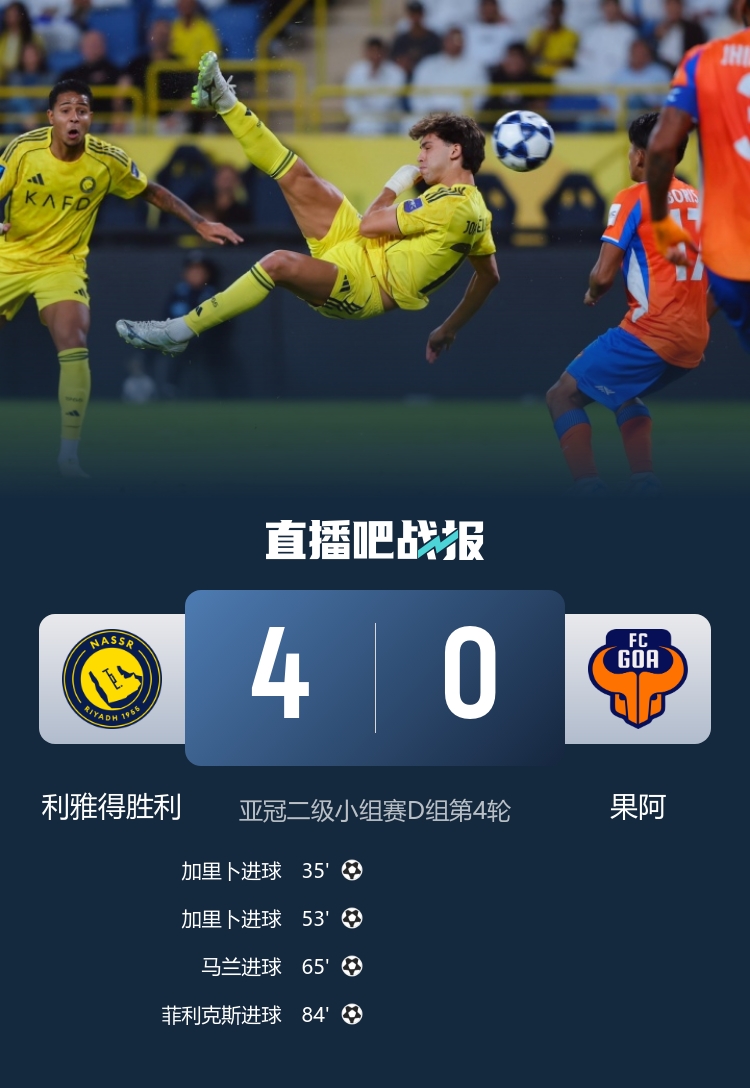 亚冠二级-胜利4-0果阿全胜领跑 C罗轮休菲利克斯倒钩加里卜双响