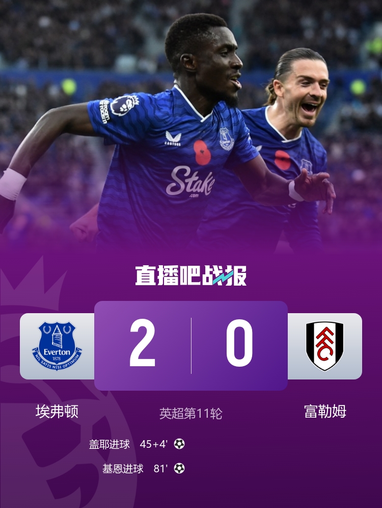 3球被吹越位！埃弗顿2-0富勒姆 盖耶、基恩破门富勒姆近6轮遭5负