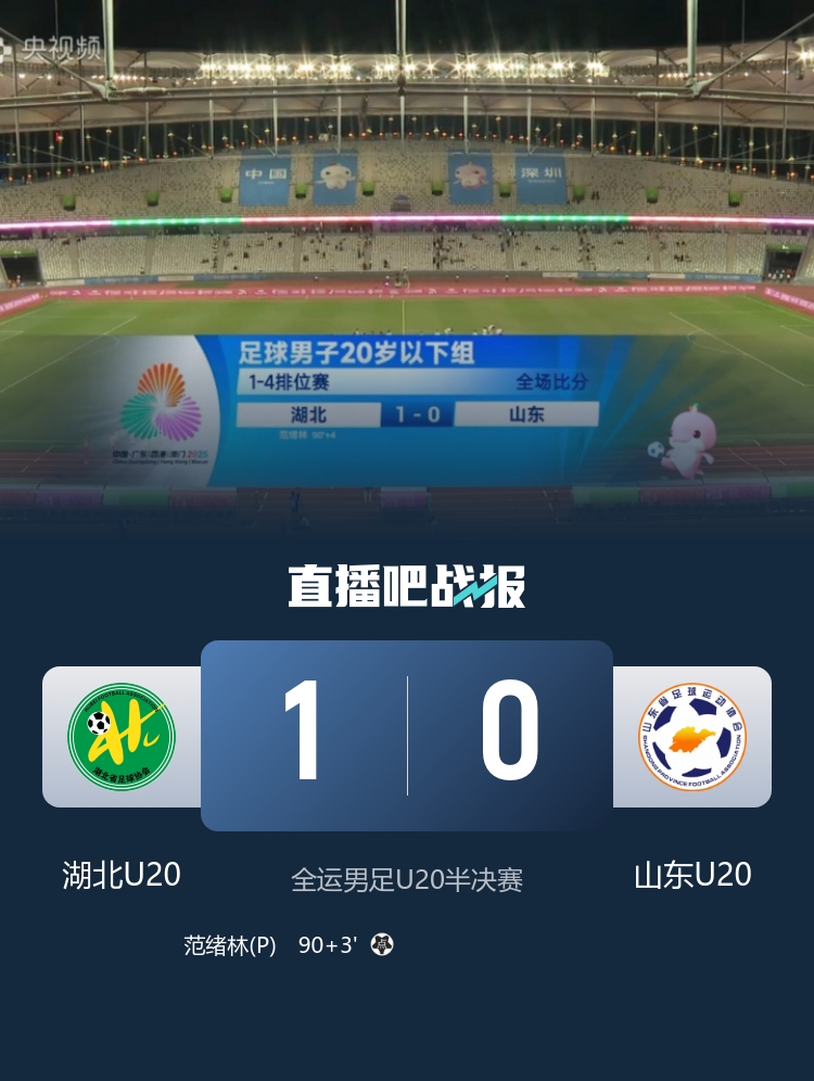 晋级决赛!U20湖北全运1-0山东全运U20 范绪林点射绝杀杨希造点