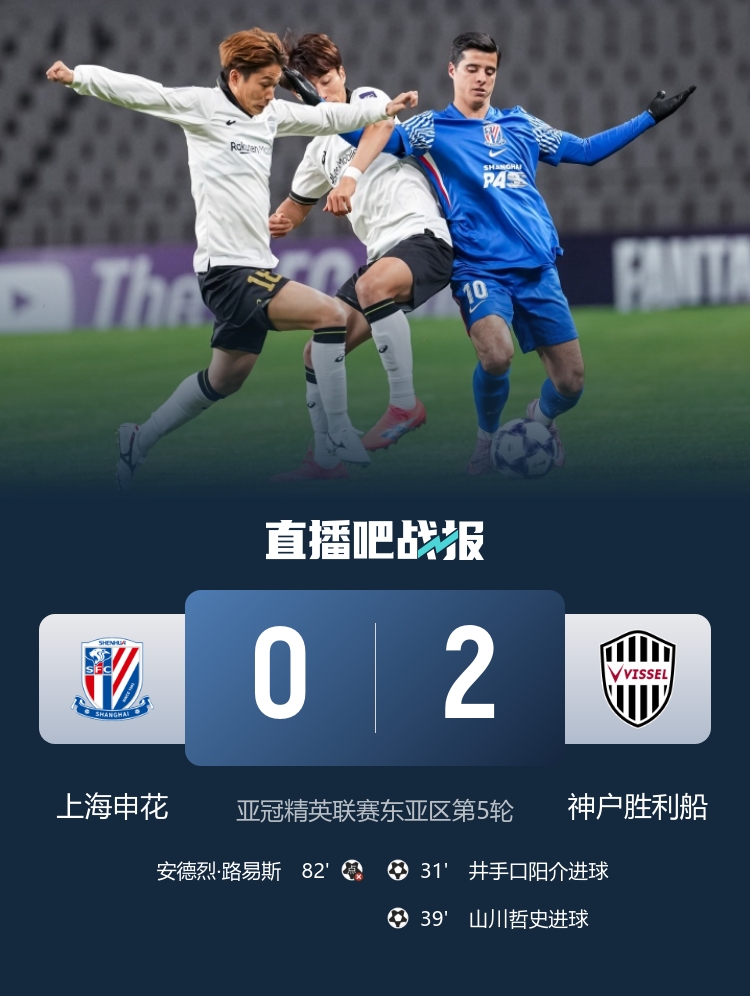 亚冠两连败！申花0-2神户仍处淘汰区 路易斯失点申花三球被吹