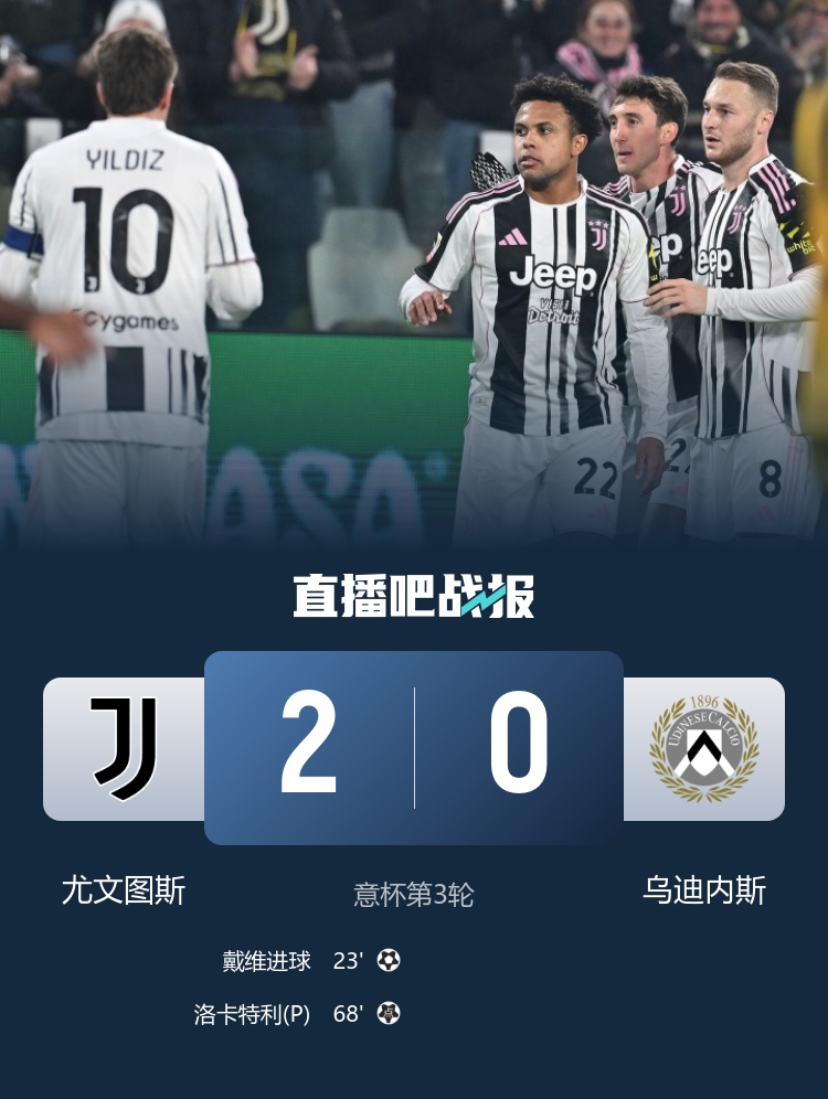 意杯-尤文2-0乌迪内斯晋级 麦肯尼造乌龙洛卡特利点射