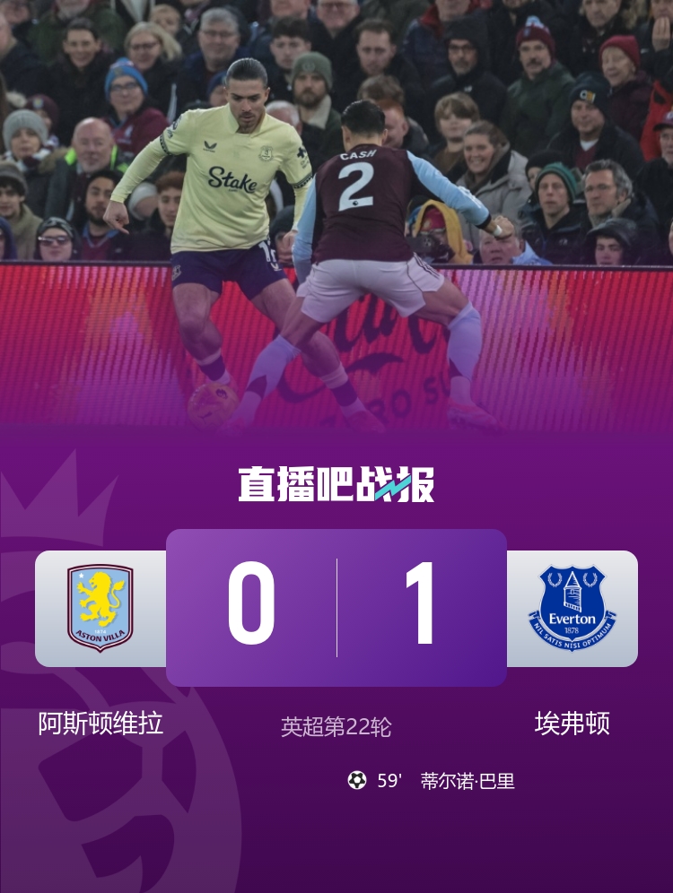 2轮不胜！维拉0-1埃弗顿仍第三距榜首7分 蒂尔诺·巴里破门