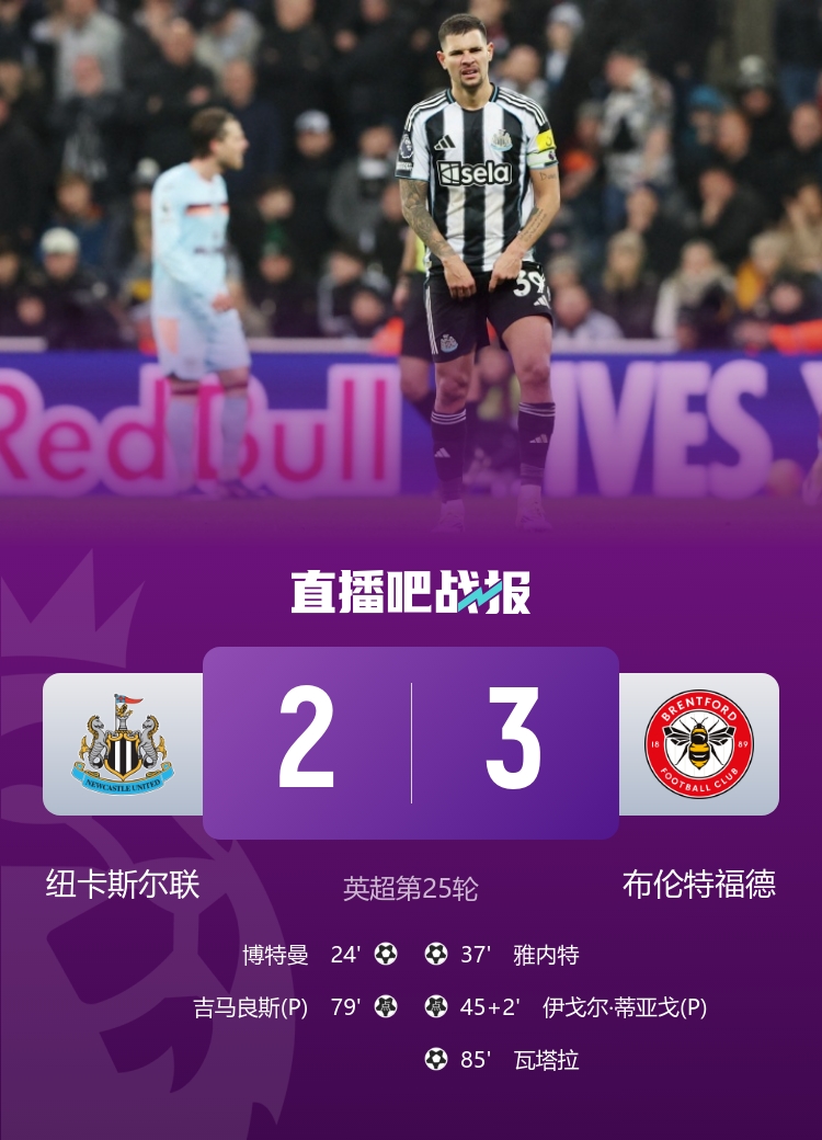 各赛事9场1胜+3连败！纽卡2-3遭布伦特福德逆转 瓦塔拉传射+绝杀