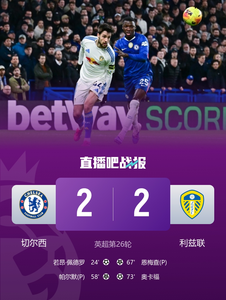 4连胜终结！切尔西2-2利兹联 佩德罗破门+造点帕尔默传射+失空门