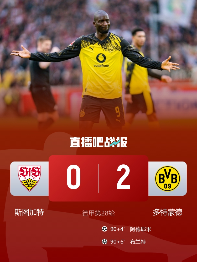 补时连进2球！多特2-0斯图加特距榜首9分 阿德耶米、布兰特破门