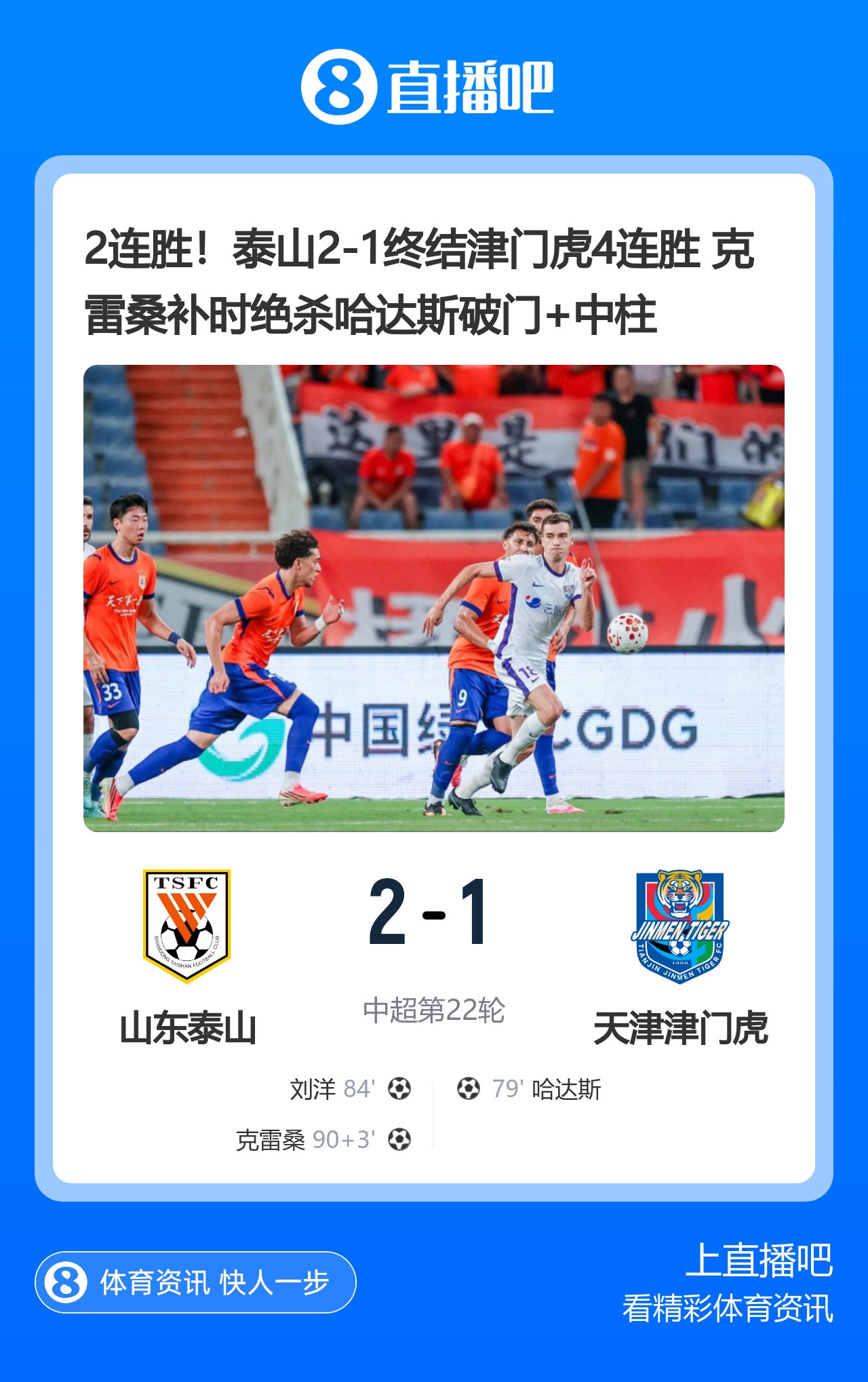 克雷桑93分钟绝杀！泰山2-1终结津门虎四连胜，刘洋、哈达斯破门