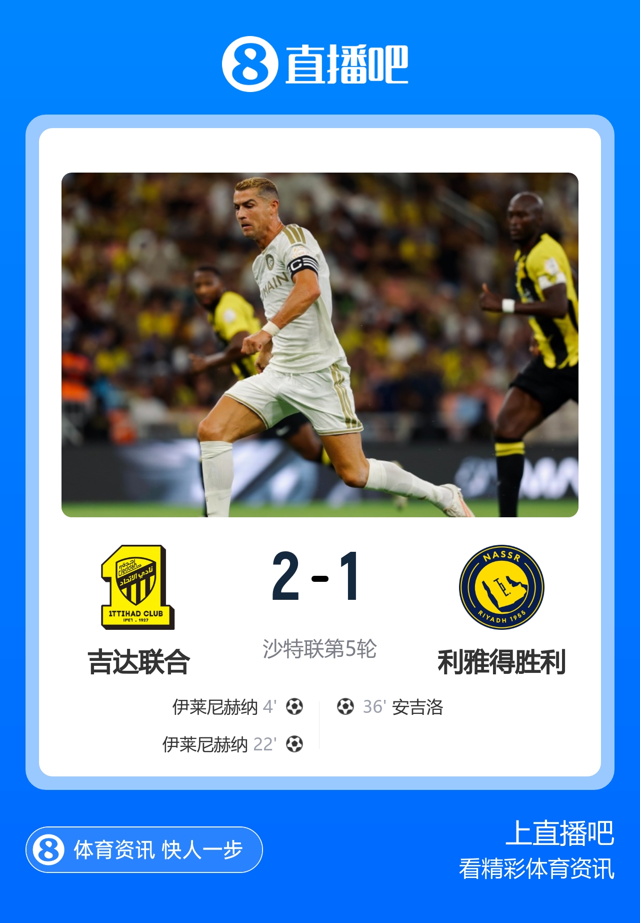 赛季首败！胜利1-2吉达联合4连胜终结 C罗挑传策动安吉洛破门