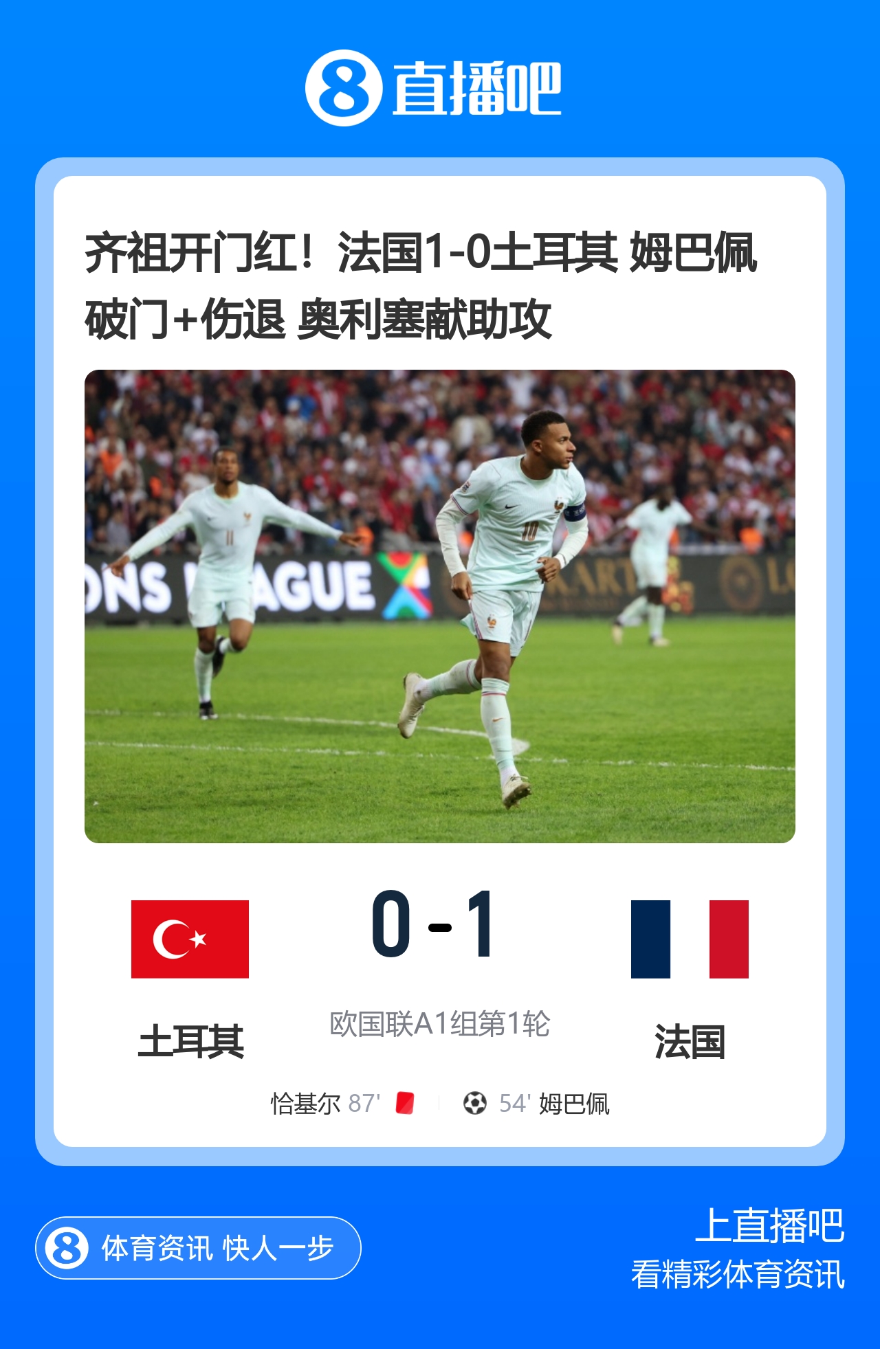 齐祖开门红！法国1-0土耳其 姆巴佩破门+伤退 奥利塞献助攻