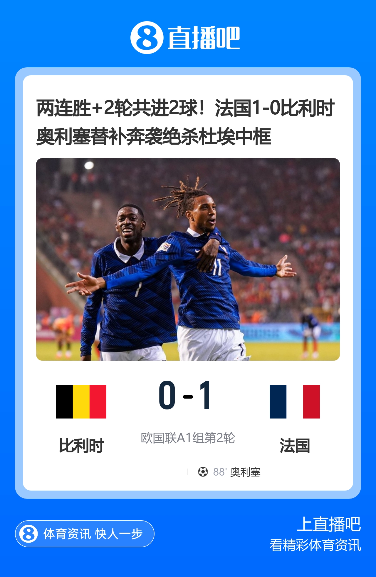 两连胜+2轮共进2球！法国1-0比利时 奥利塞替补奔袭绝杀杜埃中框