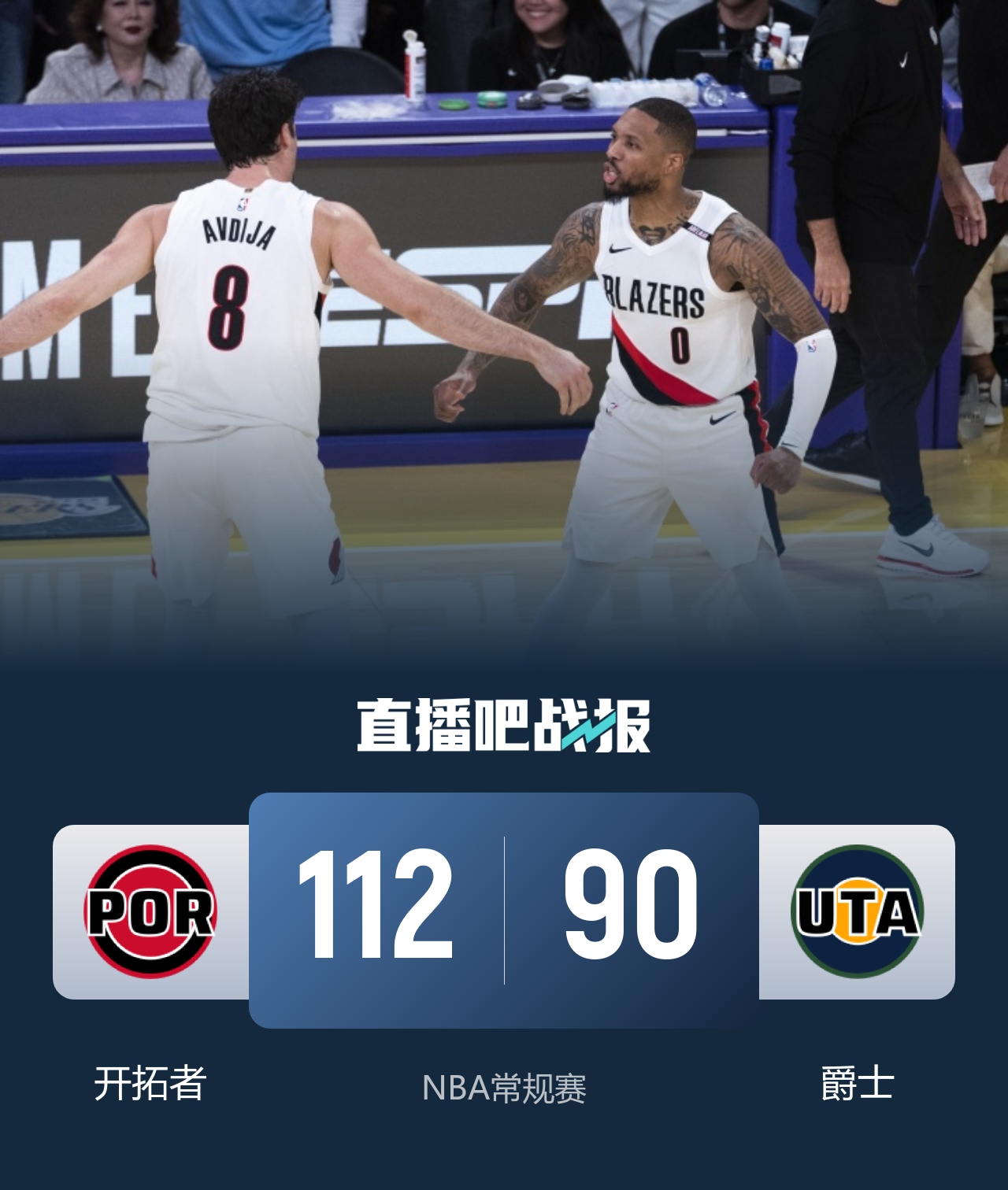 杨瀚森2记三分拿6分5板1助1断 开拓者送爵士4连败 利拉德22+5